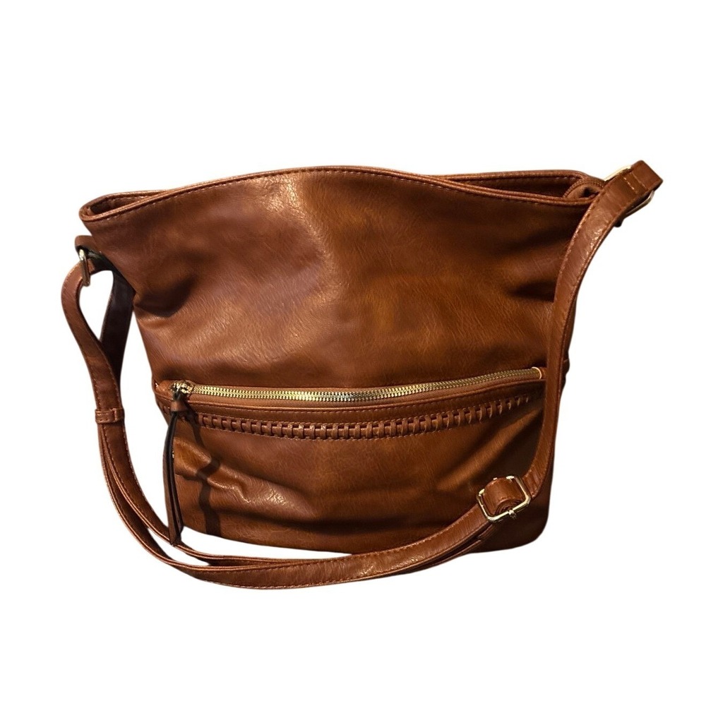 Cognac‎ Brown Faux Leather Crossbody Bag Braided Whipstitch Detail Animal Lining